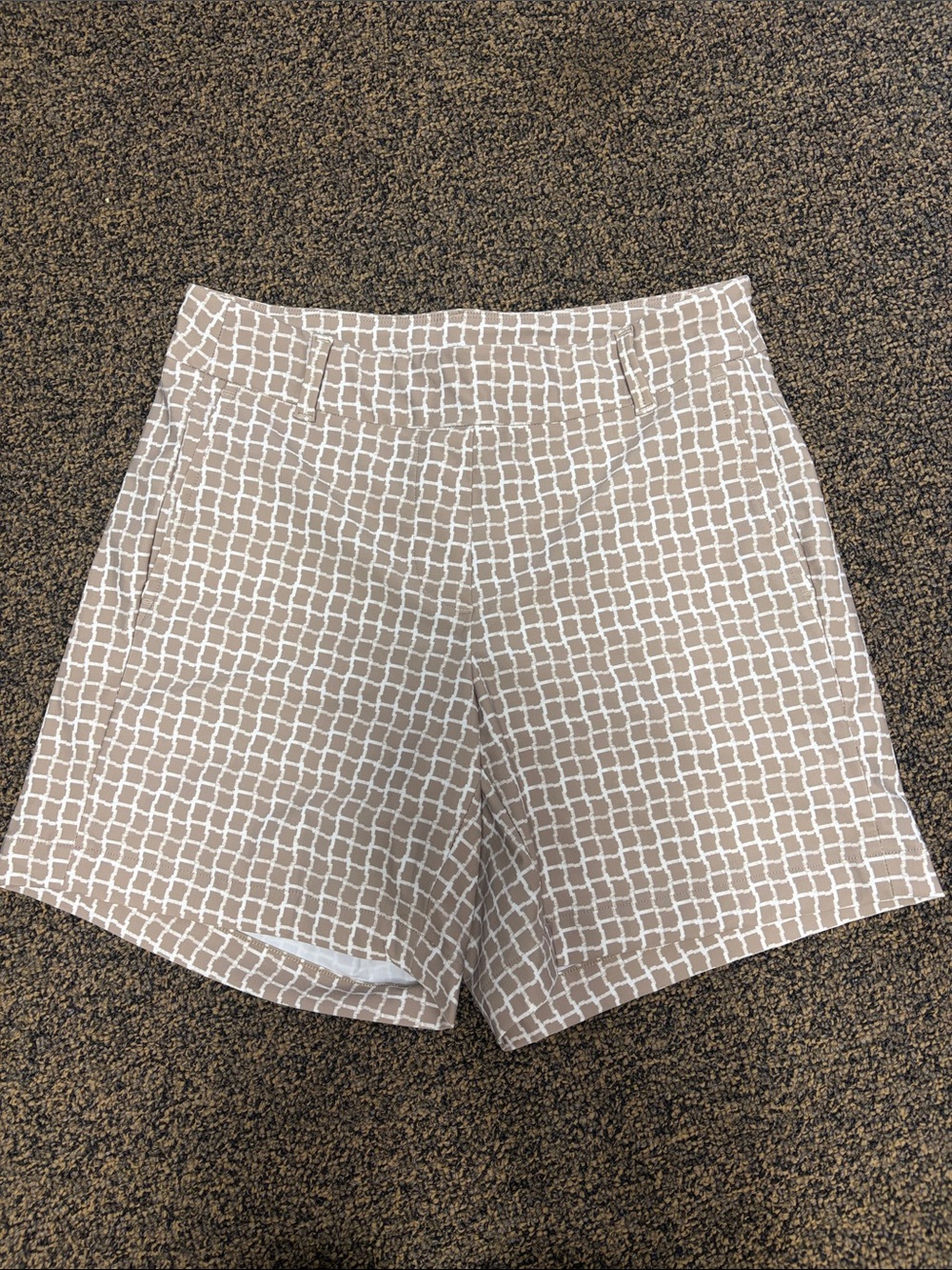 SPANX Beige and White Grid Print Athletic Shorts